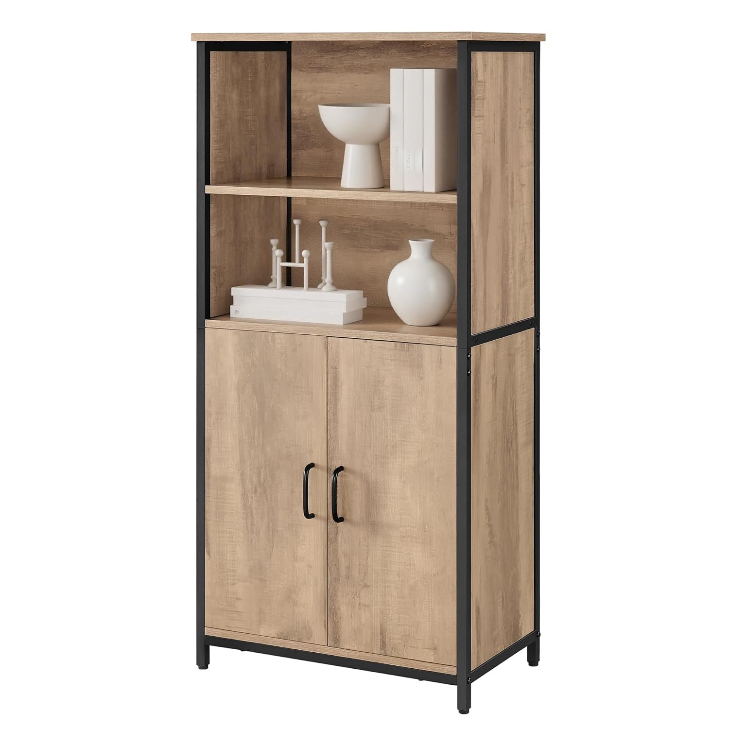 VASAGLE Freestanding Storage Cabinet, Cupboard, Bookcase, 2 Shelves and a Cabinet with an Adjustable Shelf, Steel Frame, for Living Room, Kitchen, Home Office, Toasted Oak and...