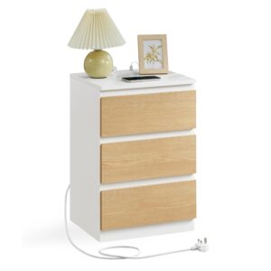 VASAGLE KAILYN Collection - Bedside Table with Power Strip, Side End Table with Drawers, 2 AC Outlets, 2 USB Ports, for Living Room, Bedroom, Study, Cloud White and Almond...