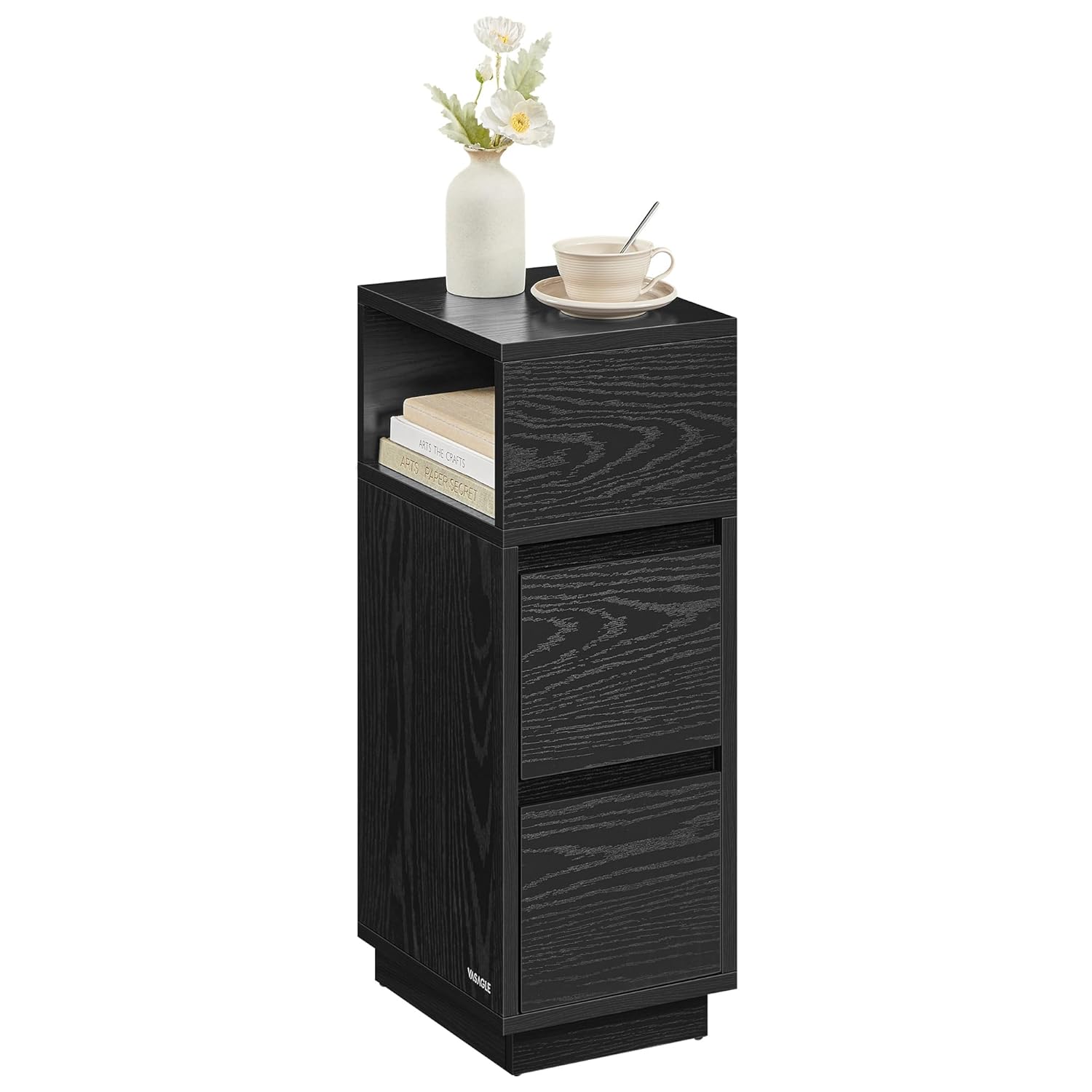 VASAGLE KAILYN Collection - Slim Bedside Table, Small Narrow Side End Table with Drawers, Flexible Open Compartment, for Bedroom, Living Room, Ebony Black LET656B56