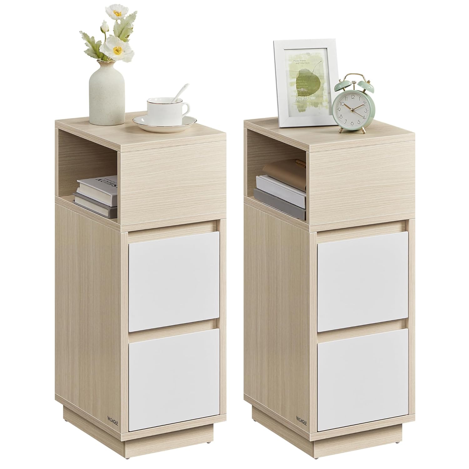 VASAGLE KAILYN Collection - Slim Bedside Tables, Set of 2 Small Narrow Side End Tables with Drawers, Flexible Open Compartment, for Bedroom, Living Room, Natural Beige and Cloud...