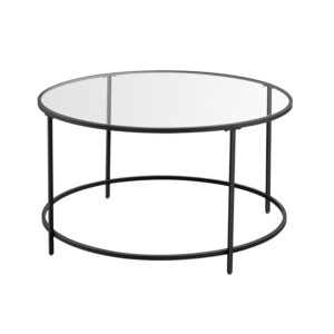 VASAGLE Round Coffee Table, Black Glass Top, Modern Minimalist Style, 84D x 84W x 45.5H cm