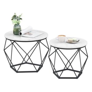 VASAGLE Round Coffee Table, Set of 2, Side Table, Sofa End Table, Modern Style, Removable Top, Steel Frame, for Living Room, White and Black LET040B59
