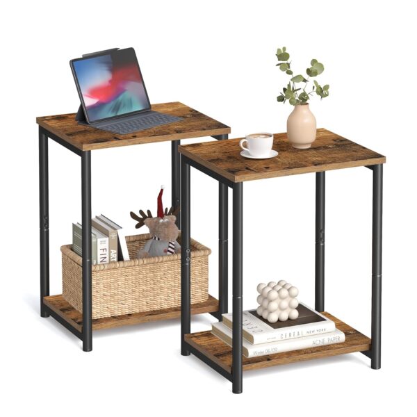 VASAGLE Set of 2 Side Tables, 2-Tier Sofa Side Tables, Bedside Tables with Steel Frames, for Living Room, Bedroom, Home Office, Industrial Style, Rustic Brown and Black LET272B01