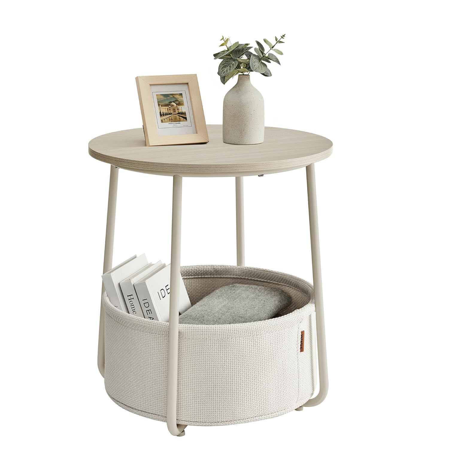 VASAGLE Side Table, Round End Table with Fabric Basket, Spacious, for Living Room Bedroom, Bedside Table, Modern Style, Cream White LET223K67