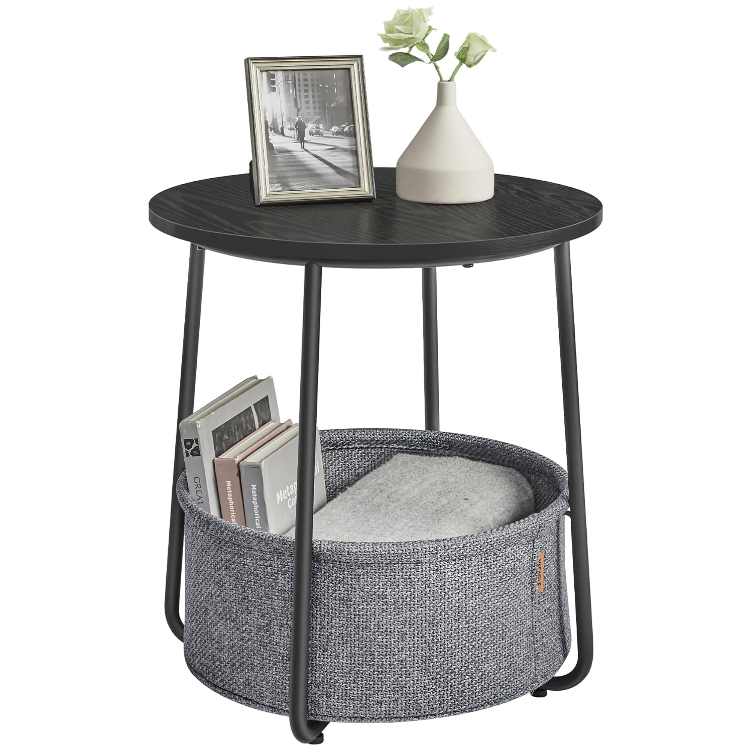 VASAGLE Side Table, Round End Table with Fabric Basket, Spacious, for Living Room Bedroom, Bedside Table, Modern Style, Ebony Black and Slate Grey LET223B01