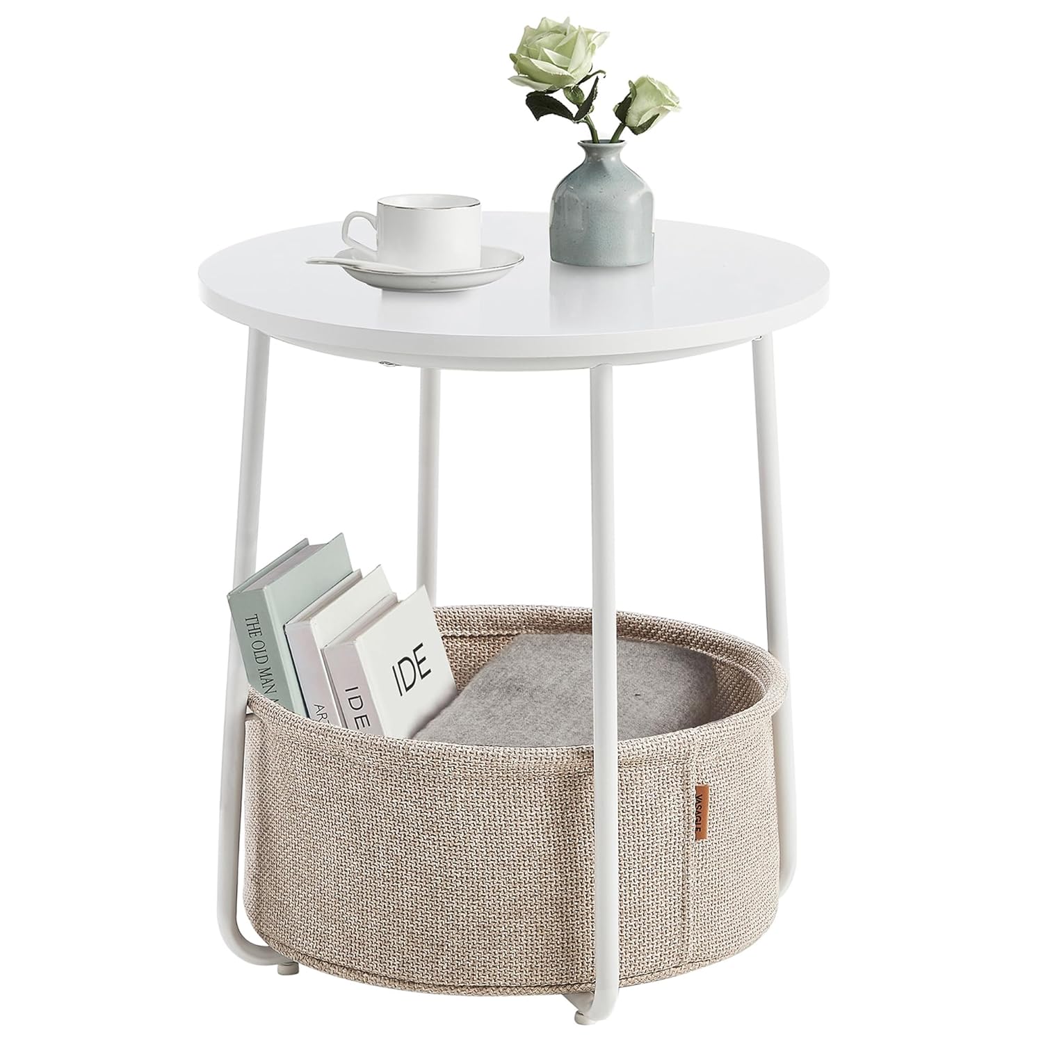 VASAGLE Side Table, Round End Table with Fabric Basket, Spacious, for Living Room Bedroom, Bedside Table, Modern Style, White and Beige LET223W10