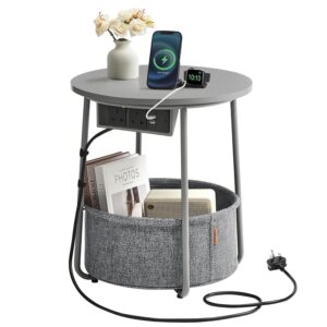 VASAGLE Side Table with Charging Station, Round End Table with Power Outlets, USB Ports, Fabric Basket, Living Room, Bedroom, Bedside Table, Modern, Dove Grey and Slate Grey...