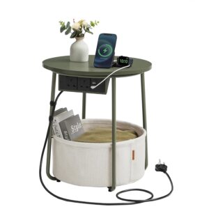VASAGLE Side Table with Charging Station, Round End Table with Power Outlets, USB Ports, Fabric Basket, Living Room, Bedroom, Bedside Table, Modern, Forest Green and Cream White...
