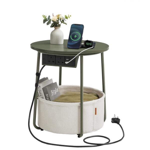 VASAGLE Side Table with Charging Station, Round End Table with Power Outlets, USB Ports, Fabric Basket, Living Room, Bedroom, Bedside Table, Modern, Forest Green and Cream White...