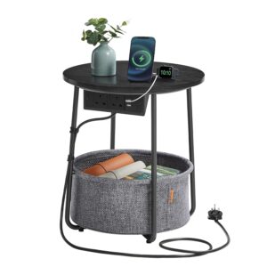 VASAGLE Side Table with Charging Station, Round End Table with Power Outlets, USB Ports, Fabric Basket, Living Room, Bedroom, Bedside Table, Modern, Ebony Black and Slate Grey...