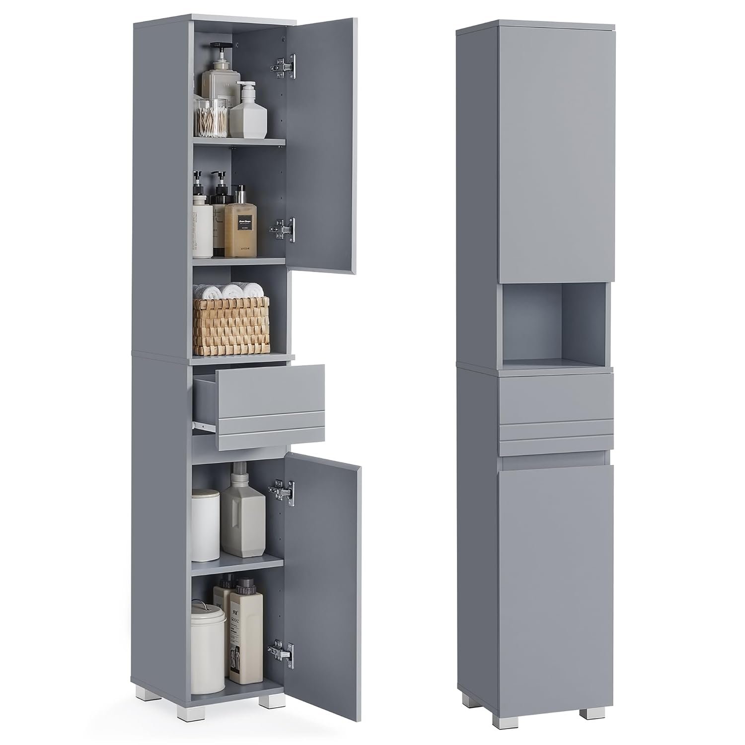 VASAGLE Tall Bathroom Cabinet, Slim Storage Cabinet, Narrow Cupboard, Bathroom Storage Unit, with a Drawer, Adjustable Shelves, 30 x 30 x 170 cm, Mystic Grey BBC560P36