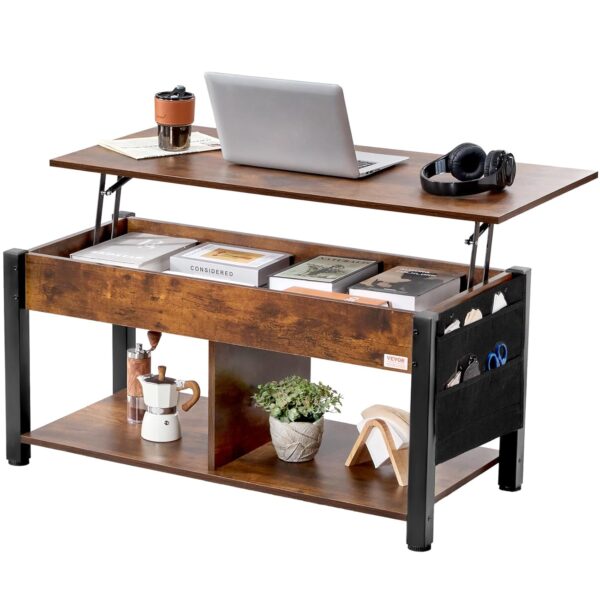 VEVOR Lift Top Table, Rectangle Coffee Table with Storage Pockets, Pop Up Table for Living Room, Brown