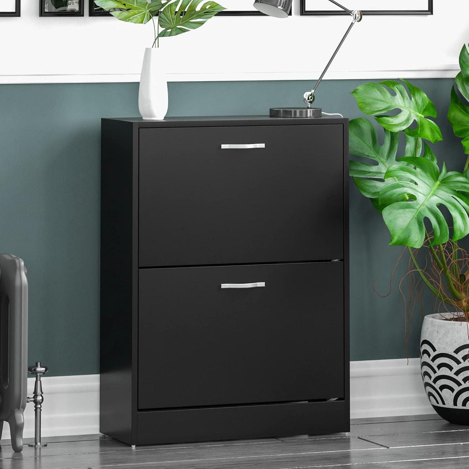 Vida Designs 2 Drawer Shoe Cabinet Cupboard Shoe Storage Organiser Pull Down Wooden Furniture Unit, White (Black)