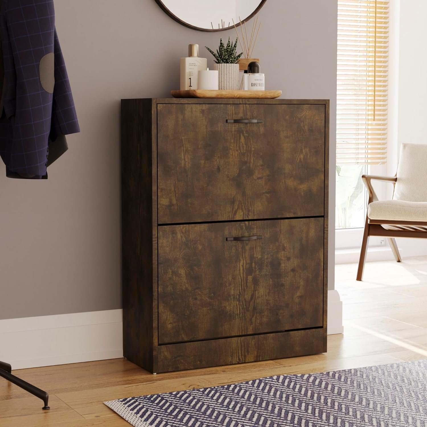 Vida Designs 2 Drawer Shoe Cabinet Cupboard Shoe Storage Pull Down Shoe Organisation Storage Organiser Wooden Furniture Unit (Dark Wood)