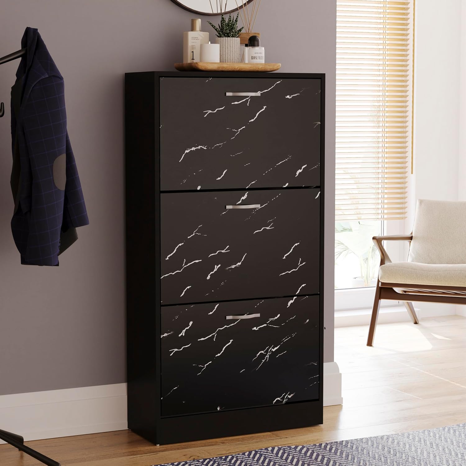 Vida Designs 3 Drawer Shoe Cabinet Cupboard Shoe Storage Organiser Pull Down Wooden Furniture Unit (Black Marble)