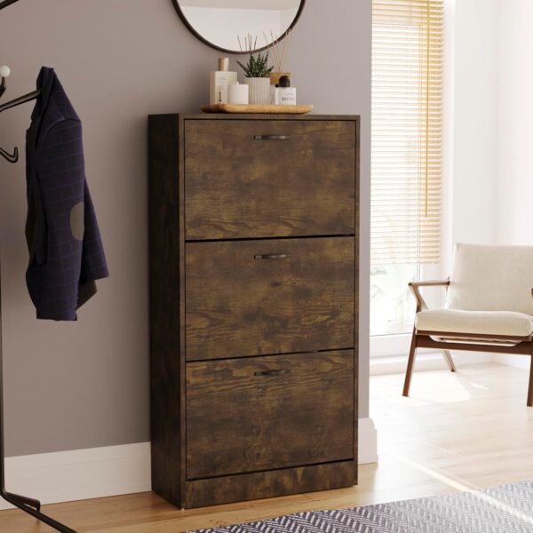 Vida Designs 3 Drawer Shoe Cabinet Cupboard Shoe Storage Organiser Pull Down Wooden Furniture Unit (Dark Wood)