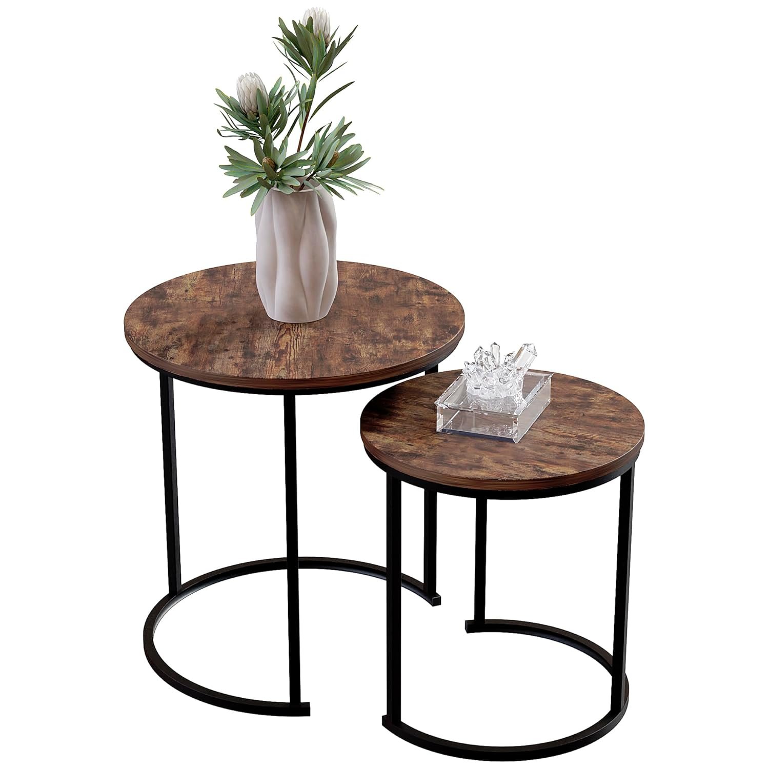 Vida Designs Brooklyn Nest of 2 Round Tables Living Room Stacking side End Tables Metal Frame (Dark Wood)
