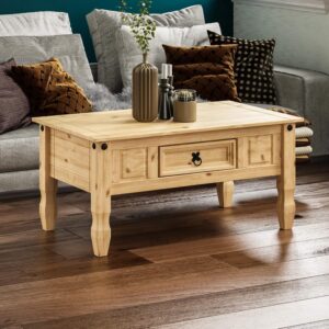 Vida Designs Coffee Table with Drawer, Rectangular, Waxed Solid Pine Wood, Traditional, Rustic, 56 x 94 x 45