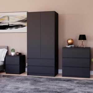 Vida Designs Denver Bedroom Furniture Set (Black, 3pc-3 DWR Chest+2 Dr Wardrobe+2 DWR Bedside Table)