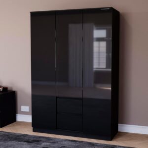 Vida Designs Glinton High Gloss 3 Door 2 Drawer Wardrobe Bedroom Storage Organiser with Hanging Rail Modern Furniture 100% FSC Certified (Black, 3 Door 2 Drawer)