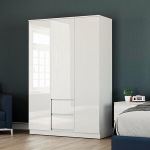 Vida Designs Glinton High Gloss 3 Door 2 Drawer Wardrobe Bedroom Storage Organiser with Hanging Rail Modern Furniture 100% FSC Certified (White, 3 Door 2 Drawer)
