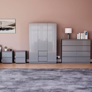 Vida Designs Glinton High Gloss 4 Piece Bedroom Furniture Set, 3 Door 2 Drawer Wardrobe, 6 Drawer Chest & 2 Bedside Cabinets (Grey)