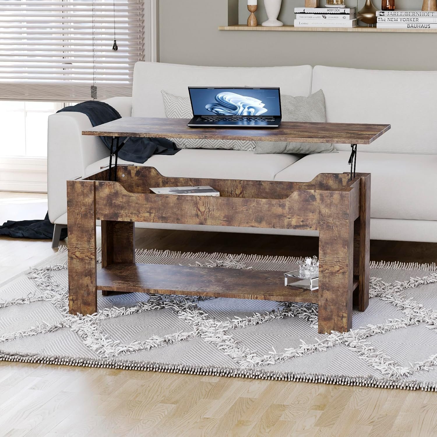 Vida Designs Lift Up Coffee Table With Large Hidden Storage Compartment and Shelf, H 48-60 x L100 x W48 cm (Dark Wood)