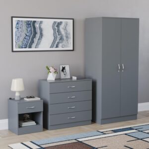 Vida Designs Riano 3 Piece Bedroom Furniture Set - 1 Drawer Bedside Chest, 4 Drawer Chest, 2 Door Wardrobe - Grey