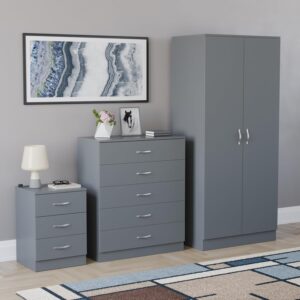 Vida Designs Riano 3 Piece Bedroom Set (1 Drawer Bedside Chest, 5 Drawer Chest, 2 Door Wardrobe) Black (4) (Grey, with 3 Drawer Bedside Chest)
