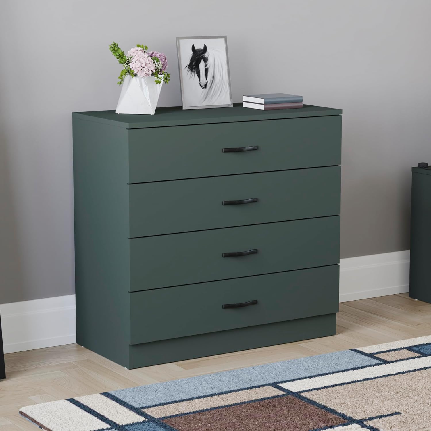 Vida Designs Riano 4 Drawer Chest of Drawers, Metal Handles and Runners, Anti-Bowing Drawer Support, Bedroom, Nursery Furniture, Jasper Green