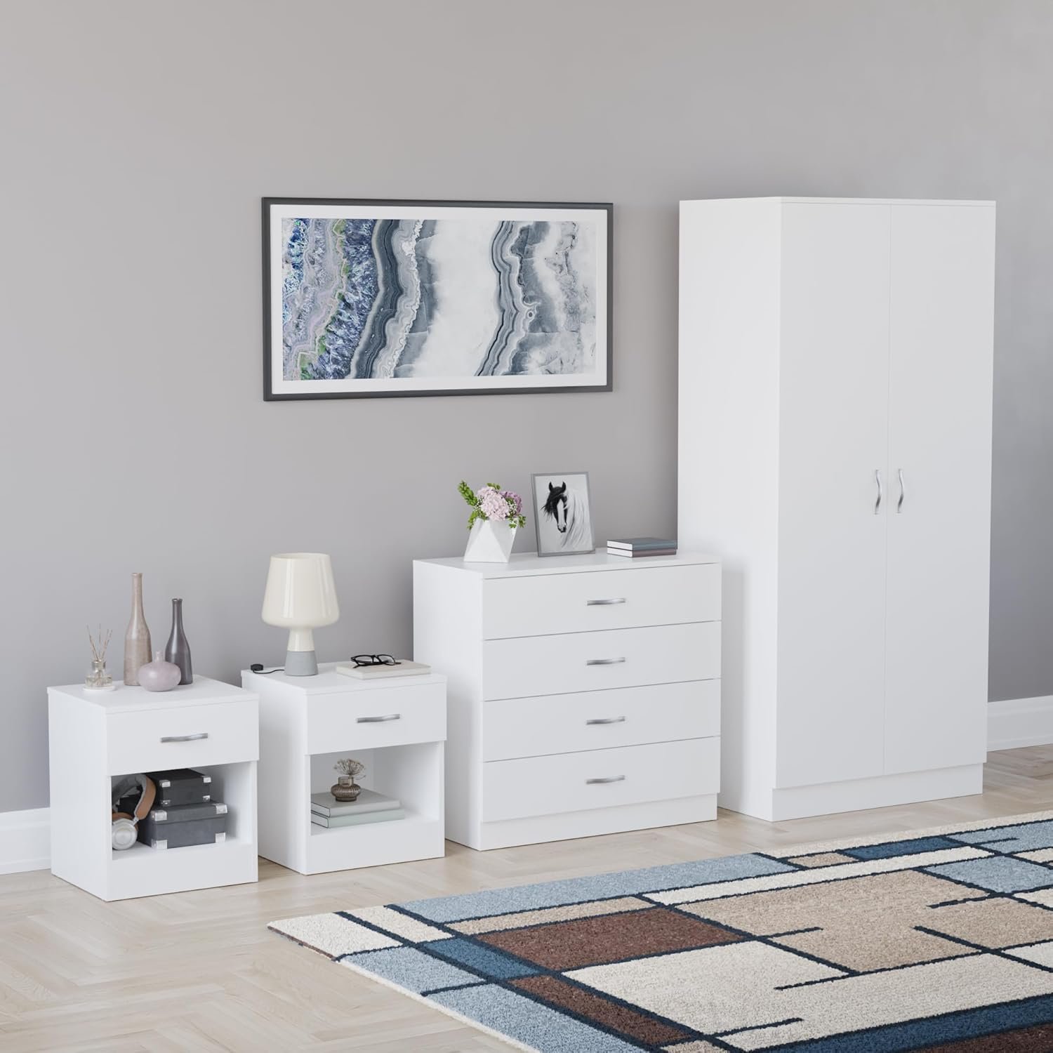 Vida Designs Riano 4 Piece Bedroom Set (1 Drawer Bedside Chest, 4 Drawer Chest, 2 Door Wardrobe) Grey (5) (White, with 1 Drawer Bedside Chest (x2))