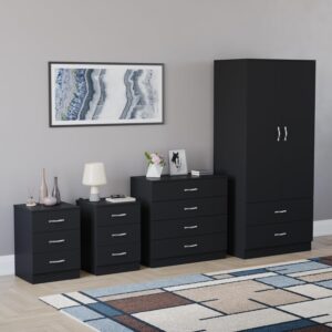 Vida Designs Riano 4 Piece Bedroom Set - 3 Drawer Bedside Chest, 5 Drawer Chest, 2 Door 2 Drawer Wardrobe - Black