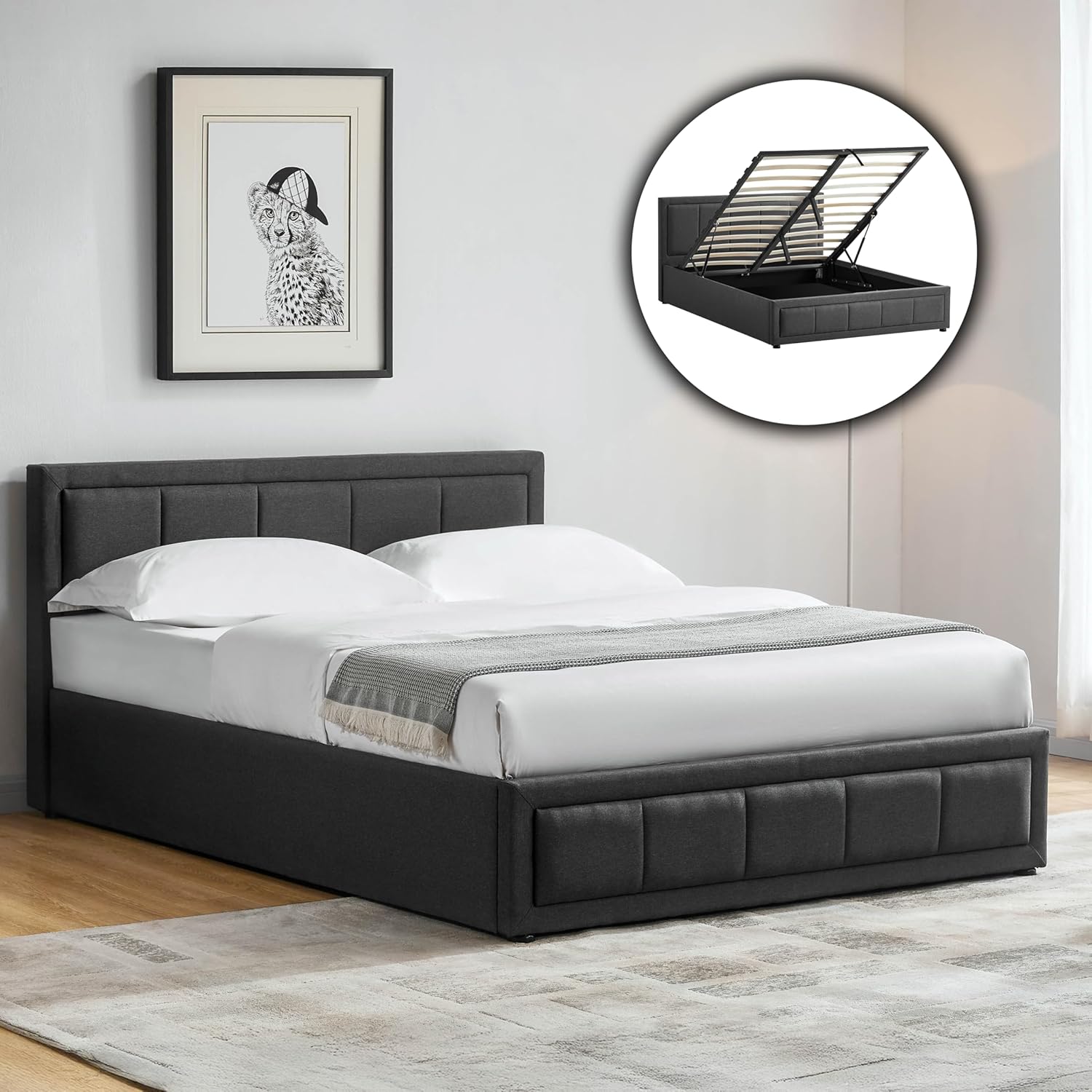 Vida Designs Vanita Ottoman Bed Frame Storage Lift Upholstered Fabric Bedroom Furniture, No Mattress (Dark Grey, Double 4Ft6 - No Mattress) (UKFR Certified)