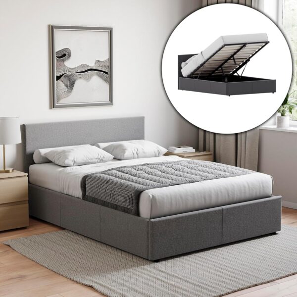 Vida Designs Veronica Double Ottoman Bed, 4Ft6 Bed Frame Storage Lift Upholstered Fabric Headboard Bedroom Furniture, Dark Grey Linen (UKFR Certified)