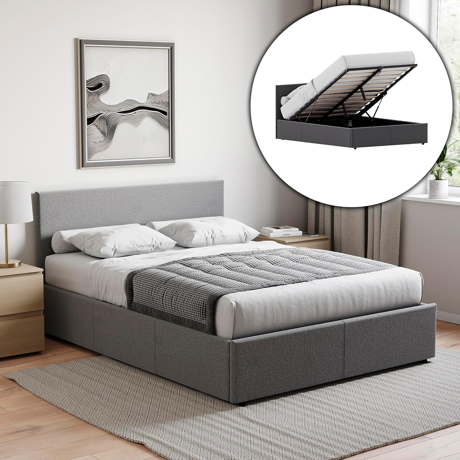 Vida Designs Veronica Double Ottoman Bed, 4Ft6 Bed Frame Storage Lift Upholstered Fabric Headboard Bedroom Furniture, Dark Grey Linen (UKFR Certified)