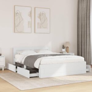 vidaXL Bed Frame with Headboard - Double, White, Engineered Wood, 140x190 cm, Slatted Base, Storage Drawers, Modern Style