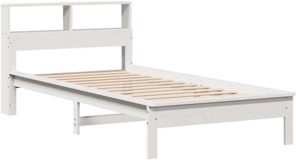vidaXL Bookcase Bed Frame - White Single Bed with Built-In Bookcase Headboard, Solid Pine Wood, 90x190 cm