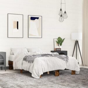 vidaXL Engineered Wood and Metal Bed Frame - Smoked Oak, Small Double 120x190 cm, with Plywood Slats, Modern Bedroom Furniture