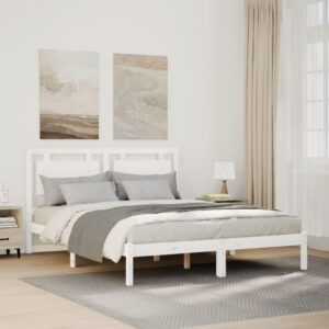 vidaXL Extra Long Bed Frame without Mattress - Solid Pine Wood, White, 160x210 cm - Modern Double Bed with Headboard and Storage Space for Bedroom
