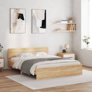 vidaXL King Size Bed Frame with Headboard - Sonoma Oak 150x200 cm, Engineered Wood Modern Bedroom Furniture with Sturdy Plywood Slats