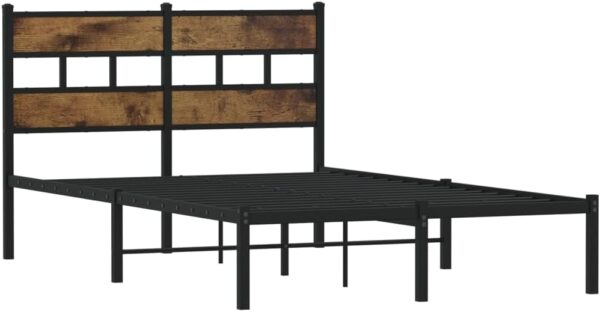 vidaXL Metal Bed Frame 120x190 cm Small Double - Industrial Iron & Engineered Wood Bedstead with Headboard - Smoked Oak & Black Finish