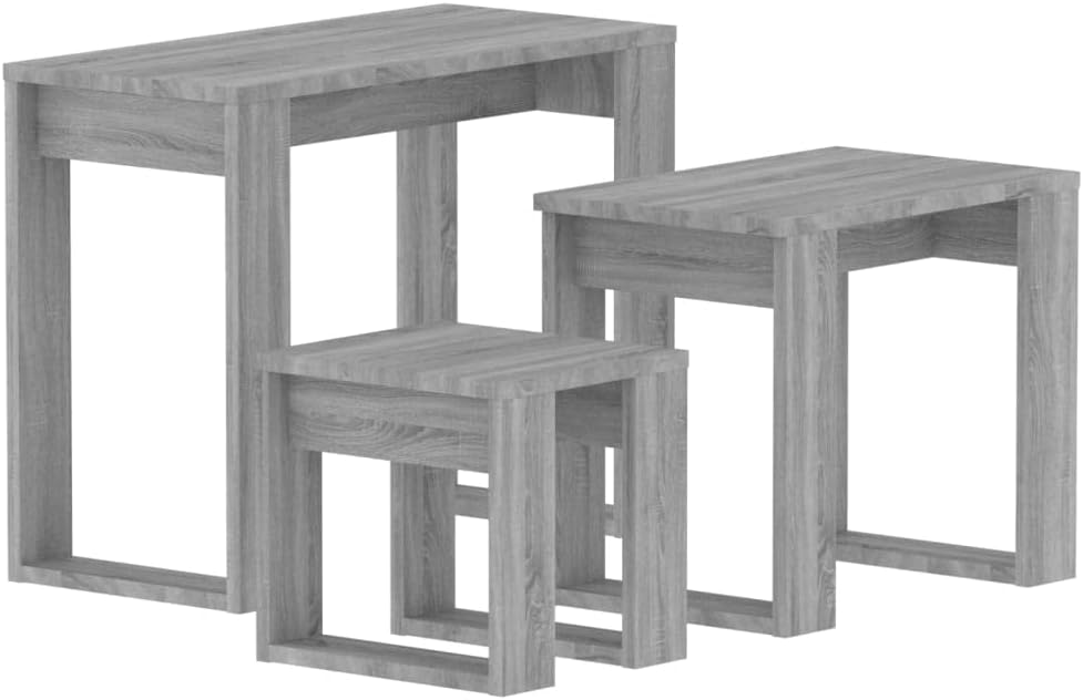 vidaXL Nesting Tables from Engineered Wood in Grey Sonoma Finish, 3 Pieces, Multifunctional Side Tables for Living Room and Bedroom