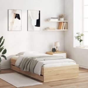 vidaXL Single Sonoma Oak Bed Frame with Storage Drawers - Engineered Wood Modern Bedroom Furniture - 90x190 cm with Durable Slats
