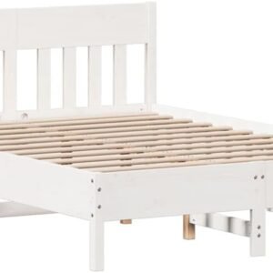vidaXL Small Double Bed Frame with Headboard - Solid Pine Wood & Plywood Slats, White, 120x190 cm - Modern Bedroom Furniture