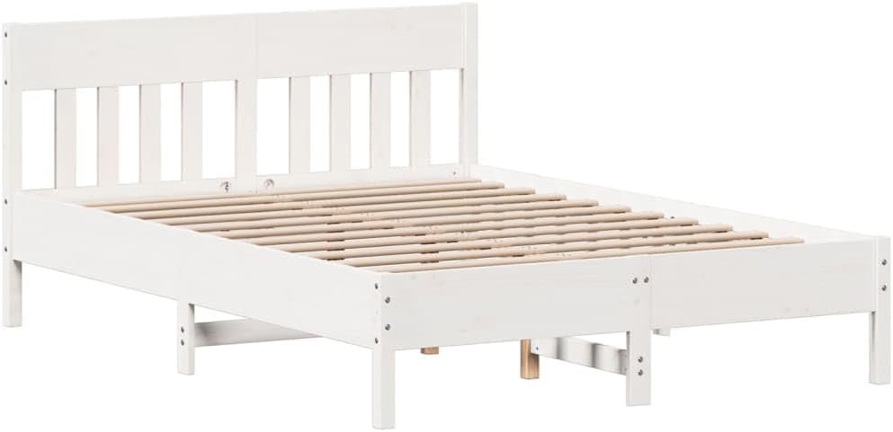 vidaXL Small Double Bed Frame with Headboard - Solid Pine Wood & Plywood Slats, White, 120x190 cm - Modern Bedroom Furniture