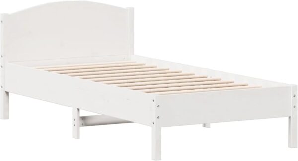 vidaXL Solid Pine Wood Bed Frame w/Headboard - White, for Small Single Mattress 75x190 cm, Modern Plywood Support Slats