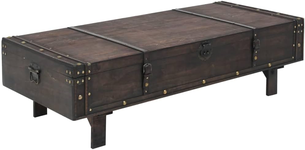 vidaXL Solid Wood Coffee Table with Storage - Antique Look, Decorative Faux Leather Ss, Brown Vintage Style for Living Room, Bedroom, Office
