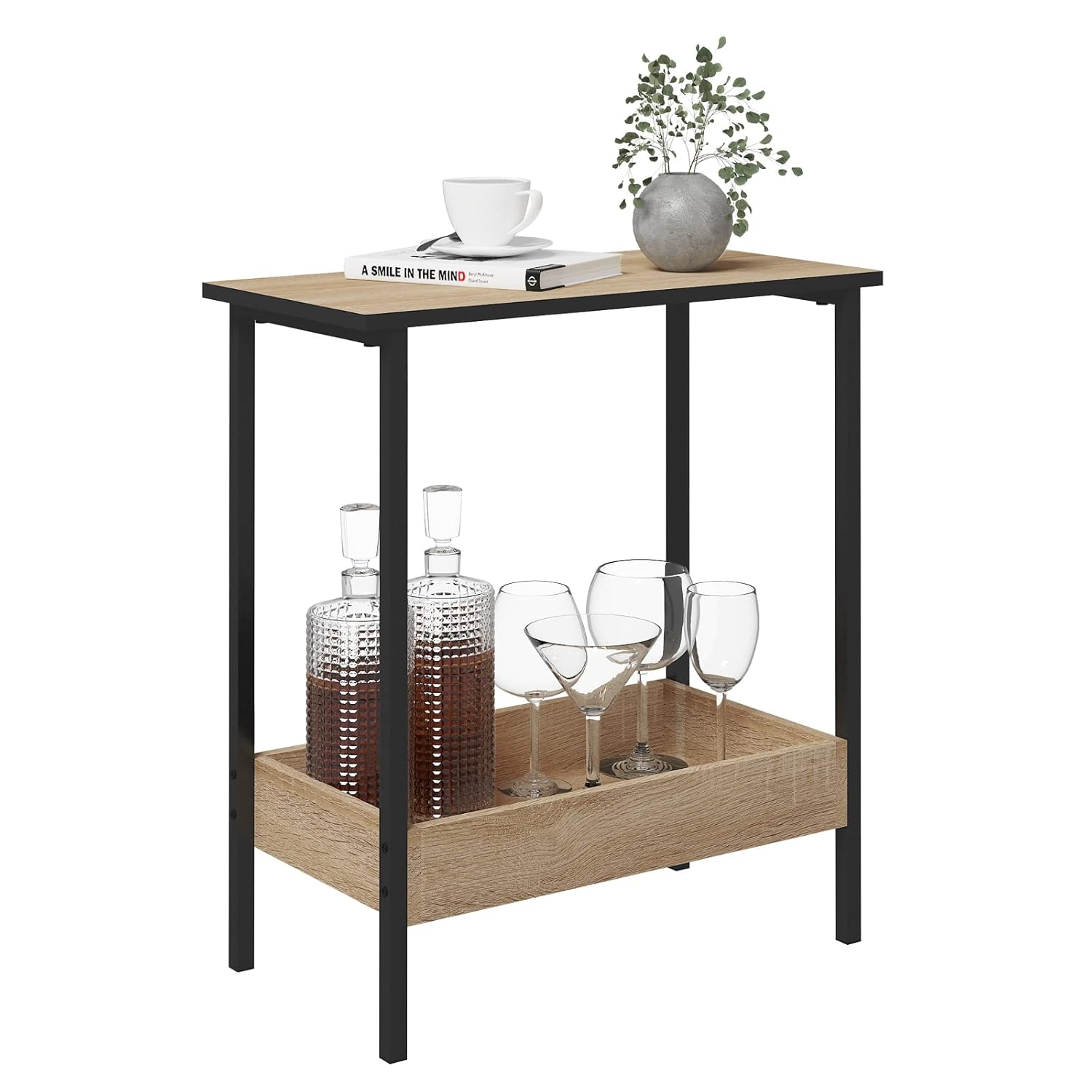 WOLTU Coffee Table, Side Table with 2 Shelves, Bedside Table Easy Assembly, Living Room Table, Small Table with Black Frame and Light Oak Shelves, 50x55x25cm BTS03hei