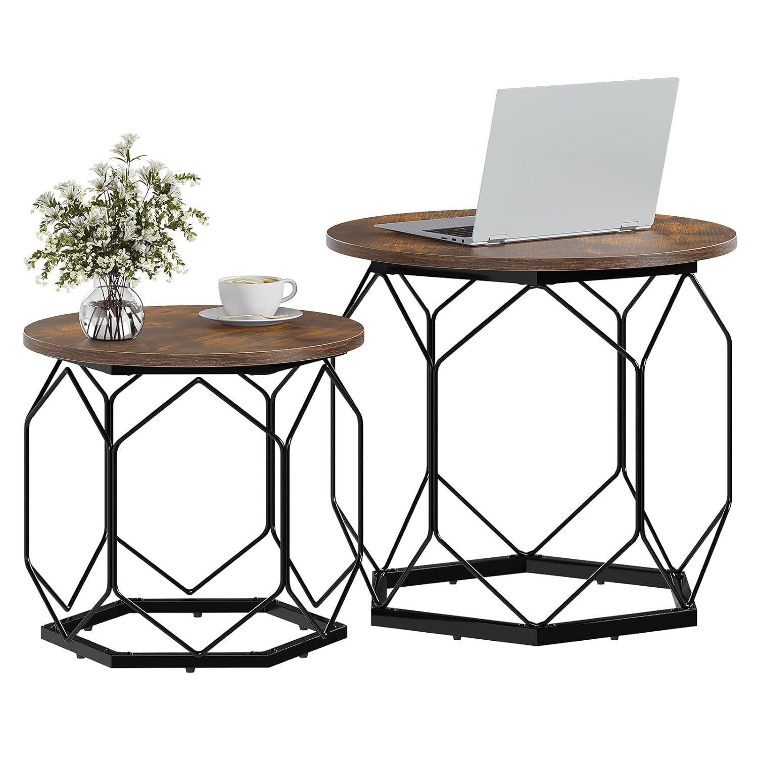 WOLTU Set of 2 Side Tables Living Room Round Coffee Tables with Removable Tabletop, Metal Frame, Rustic Brown, BTS05vbn