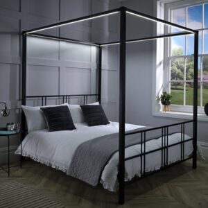 X-Rocker FERN Four Poster Bed with LED Lighting, Double 4ft6 Bedstead, Metal Canopy Bed Frame, Sturdy 4 Poster Bed Frame with Headboard and Dimmable LED Lighting, 3 Light...